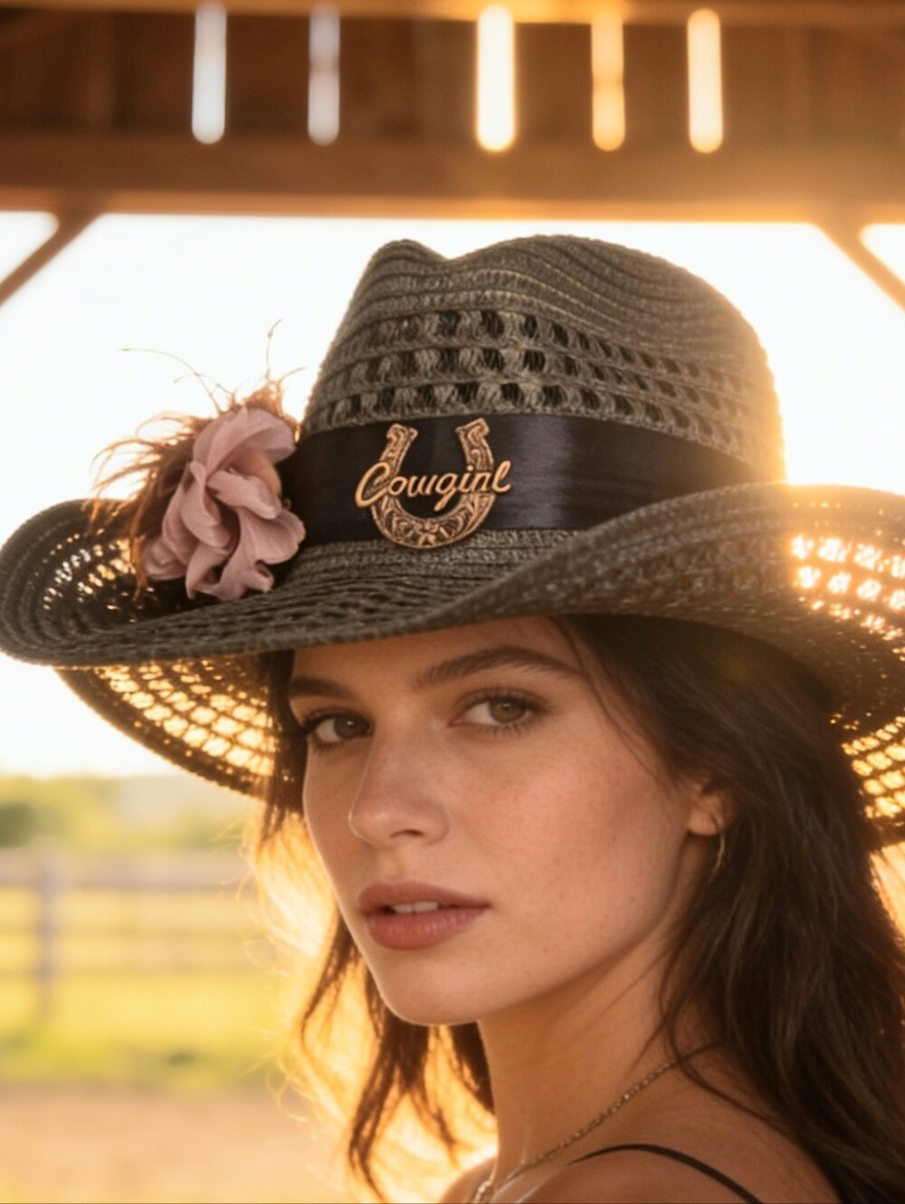 Wrangler Black Straw Western Hat with Pink Flower and Horseshoe Emblem